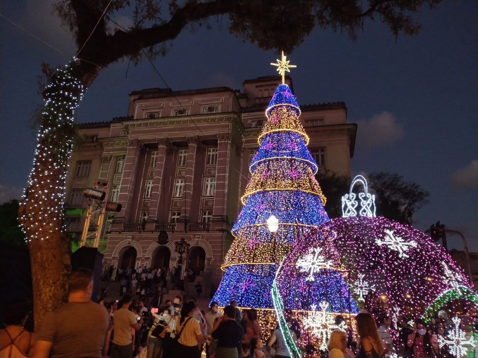 Árvore e enfeites de Natal iluminados em frente ao Paço Municipal de Santos, com várias pessoas reunidas ao redor