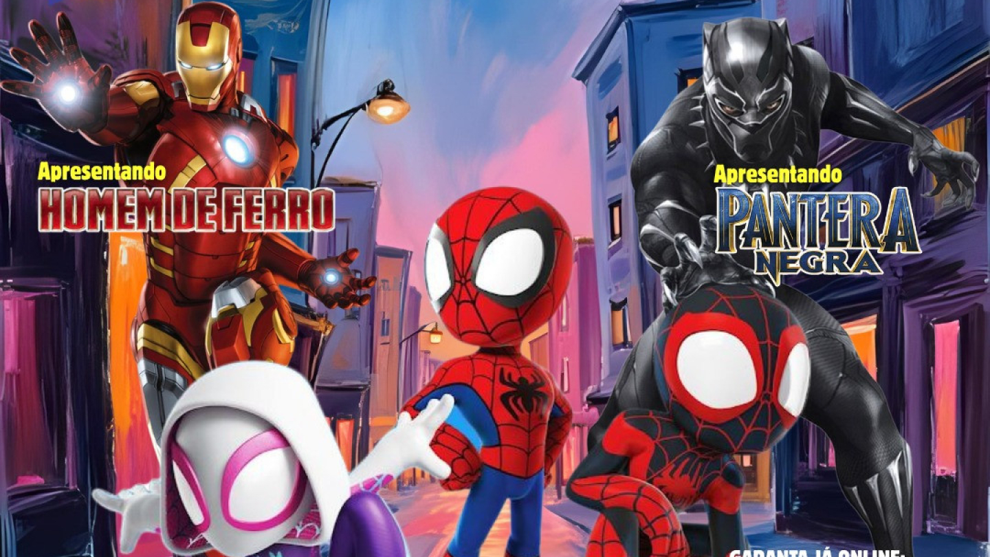 Desenho do homem-aranha e seus amigos heróis, num cenário de cidade colorida