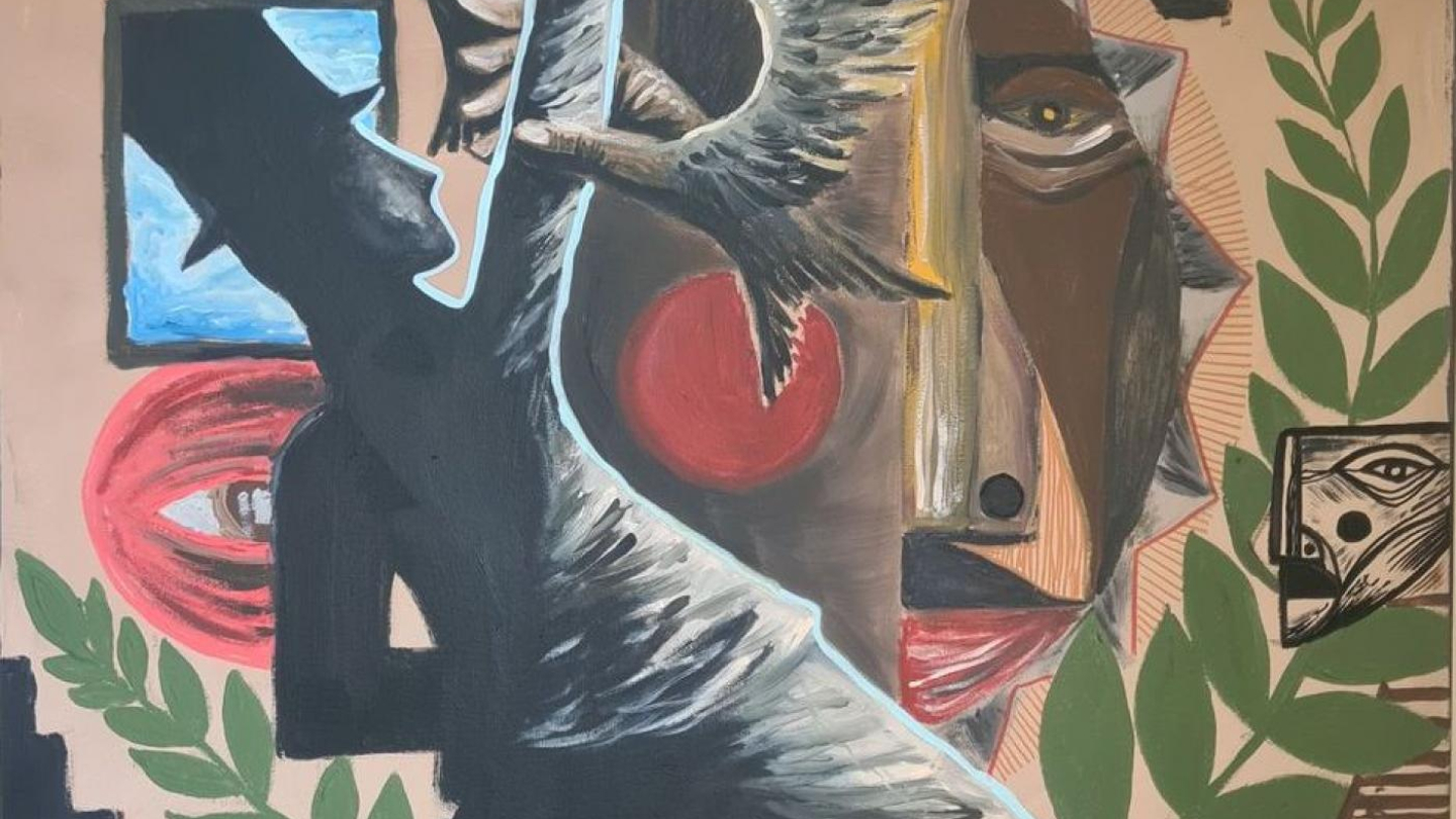 A imagem mostra uma pintura de forte caráter simbólico e surrealista, composta por diversas figuras sobrepostas que criam uma narrativa visual intensa e enigmática.