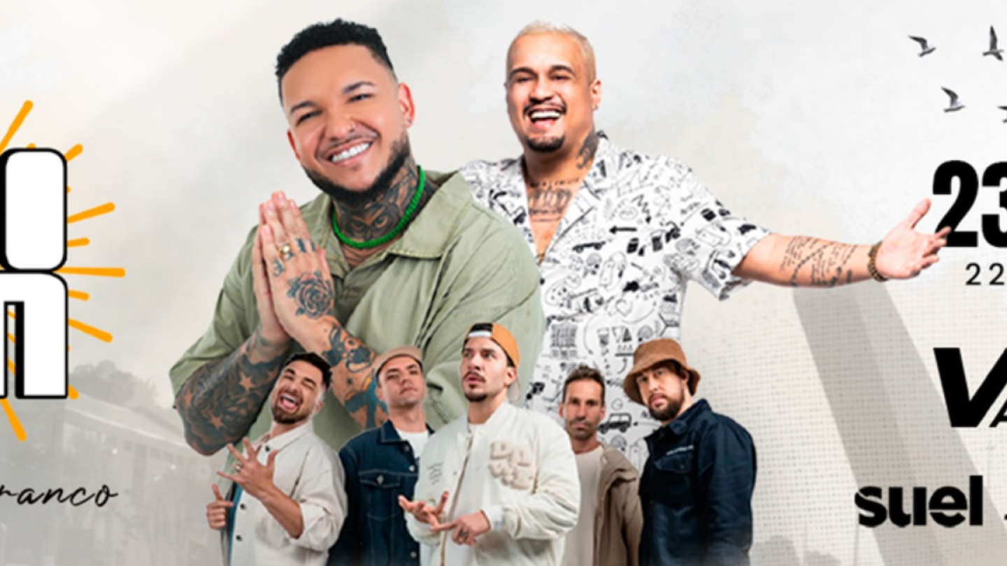 O cartaz, em tons neutros, anuncia a "Festa do Branco" Pagodin, com shows de Suel, Jeito Moleque e Thiagão Soares, que acontecerá no dia 23 de Dezembro, às 22 horas, no Parque Valongo