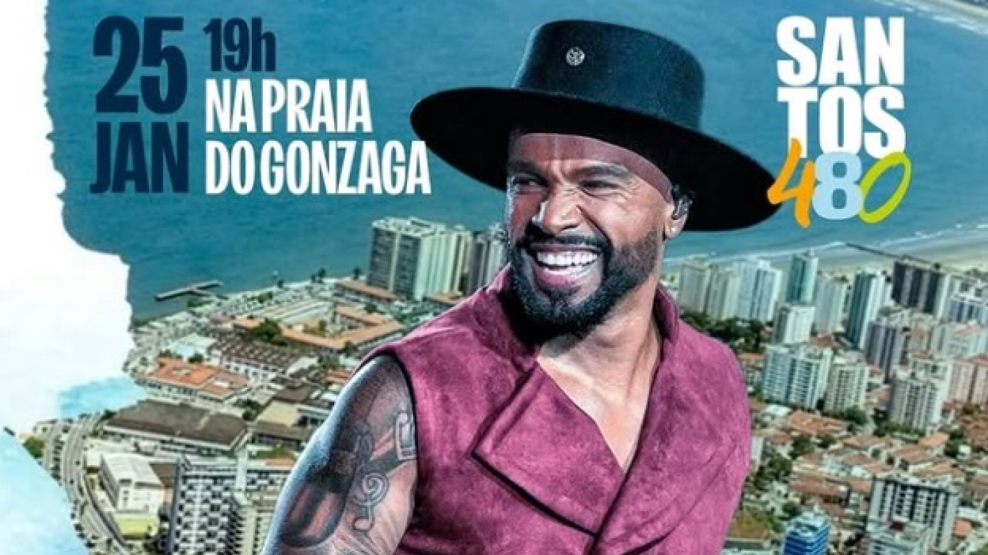 Cartaz promocional do show do cantor Alexandre Pires na Praia do Gonzaga, em comemoração aos 480 anos da cidade de Santos