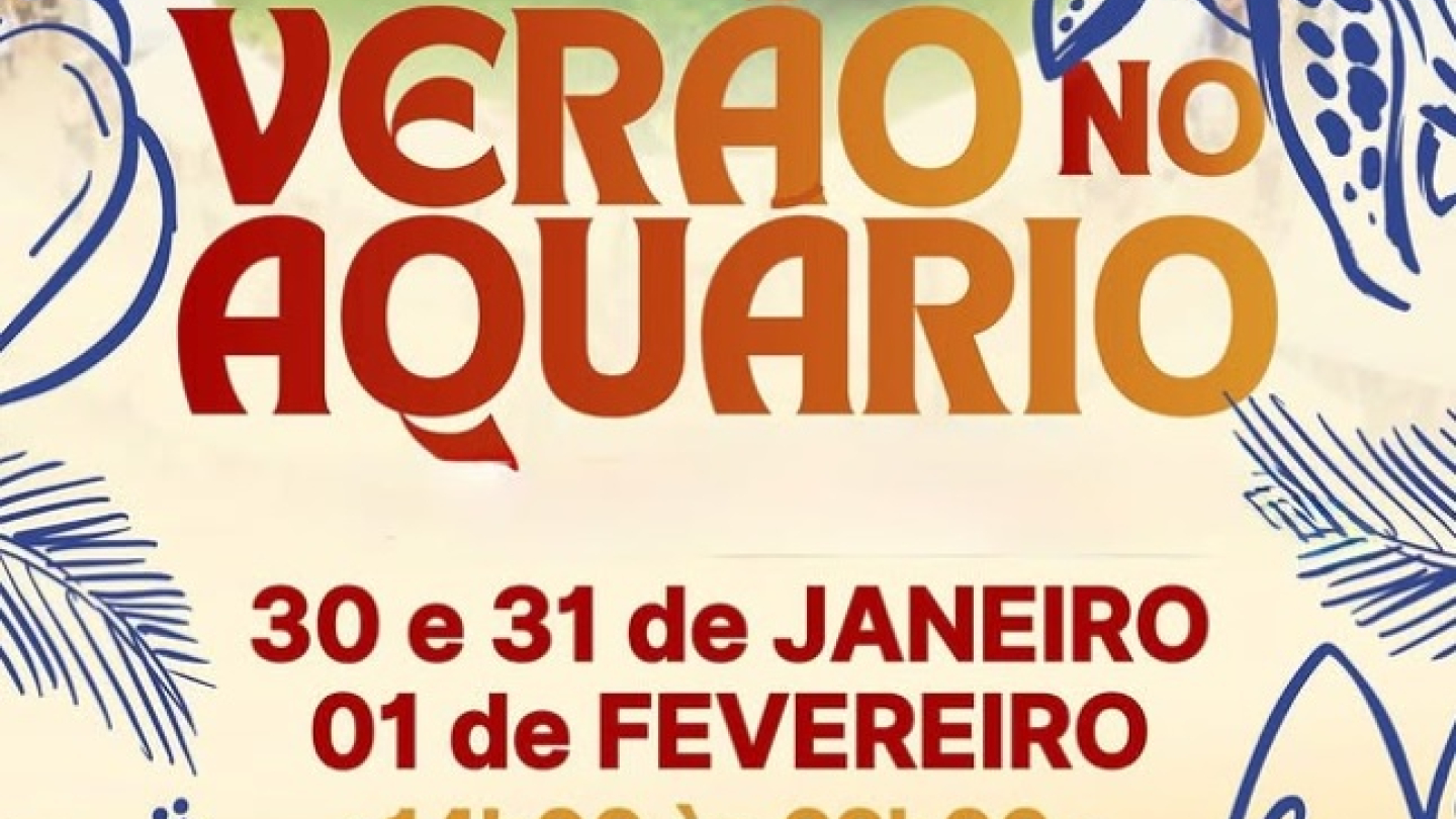 Cartaz informativo do evento Verão no Aquário, que será realizado na saída do Aquário Municipal de Santos entre os dias 30 de janeiro e 1º de fevereiro, das 14h às 22h