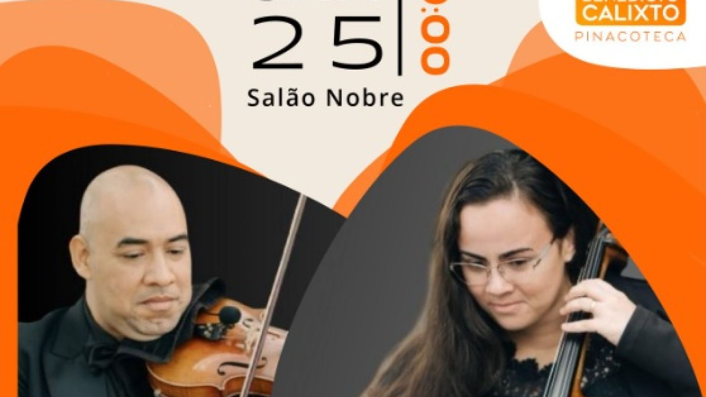 Cartaz informativo sobre a apresentação gratuita de Fabiano Carmello e Orquestra no projeto "Concertos aos Domingos", que ocorrerá no dia 25 de janeiro, às 10h, no Salão Nobre da Pinacoteca Benedicto Calixto