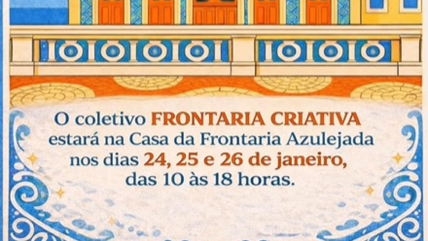 Cartaz ilustrado em tons de azul e laranja celebrando o aniversário de 480 anos de Santos com o evento do coletivo Frontaria Criativa na Casa da Frontaria Azulejada entre os dias 24 e 26 de janeiro