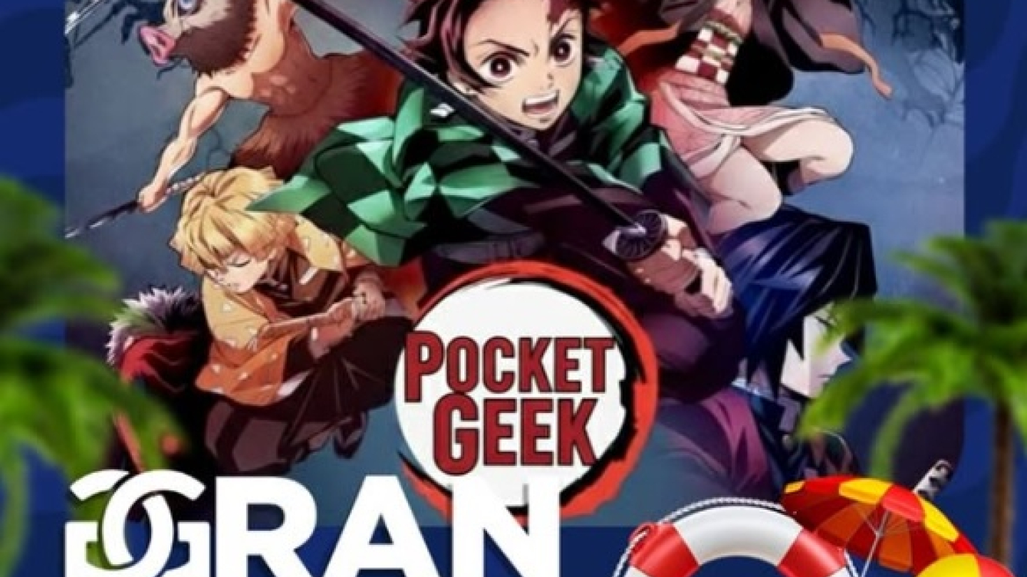Cartaz publicitário do evento "Gran Bazar - Pocket Geek Especial de Verão", apresentando personagens do anime Demon Slayer e informações sobre a programação de 31 de janeiro e 01 de fevereiro no Clube Saldanha da Gama