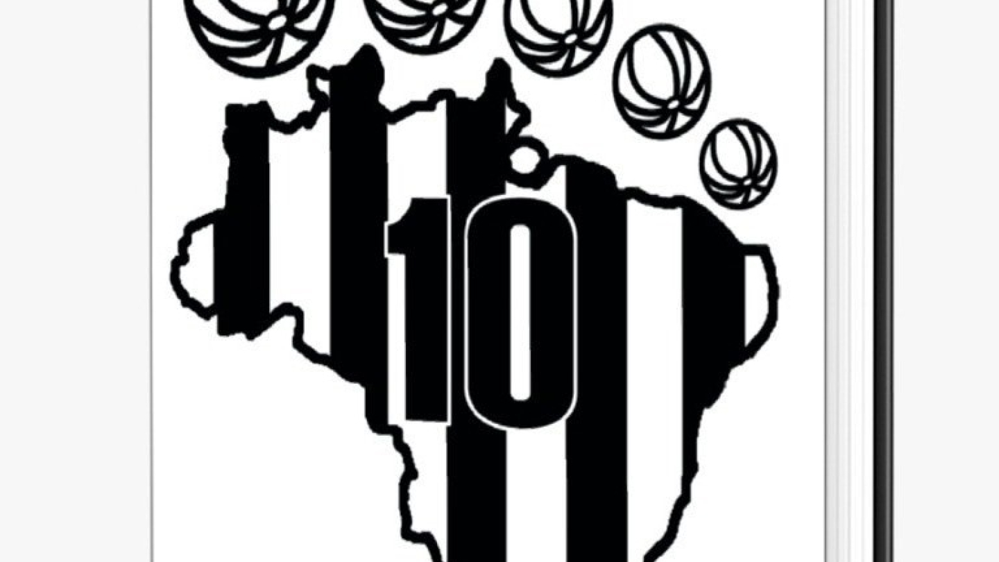 A imagem mostra a capa do livro "Entende? 10 crônicas sobre Pelé", de Franklin Valverde, apresentando uma ilustração minimalista que une o mapa do Brasil, o número 10 e listras verticais, além de bolas de futebol