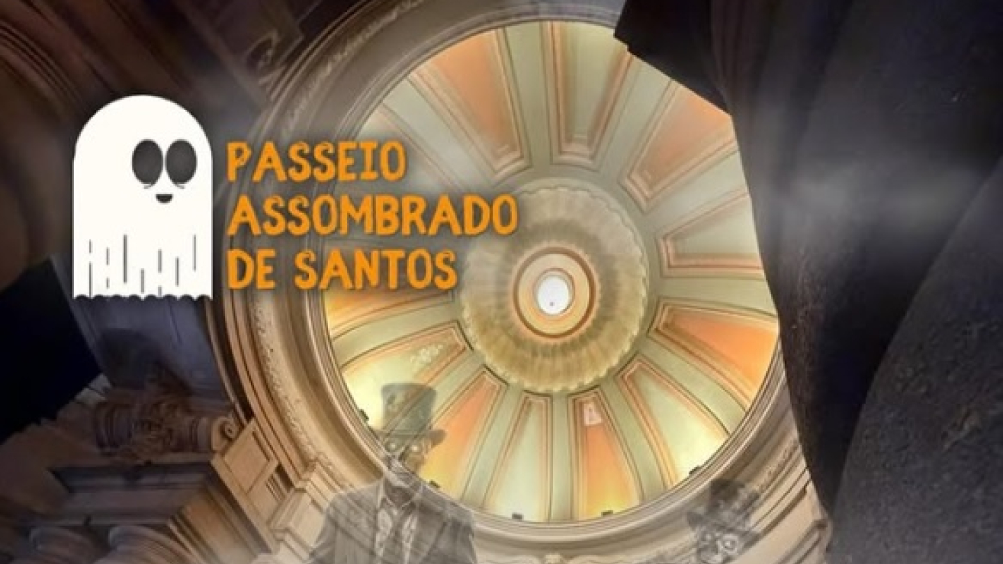 Este cartaz promocional do "Passeio Assombrado de Santos" utiliza uma estética de terror com figuras fantasmagóricas sobrepostas à arquitetura clássica do Museu do Café para anunciar um evento no dia 23 de janeiro, às 20h