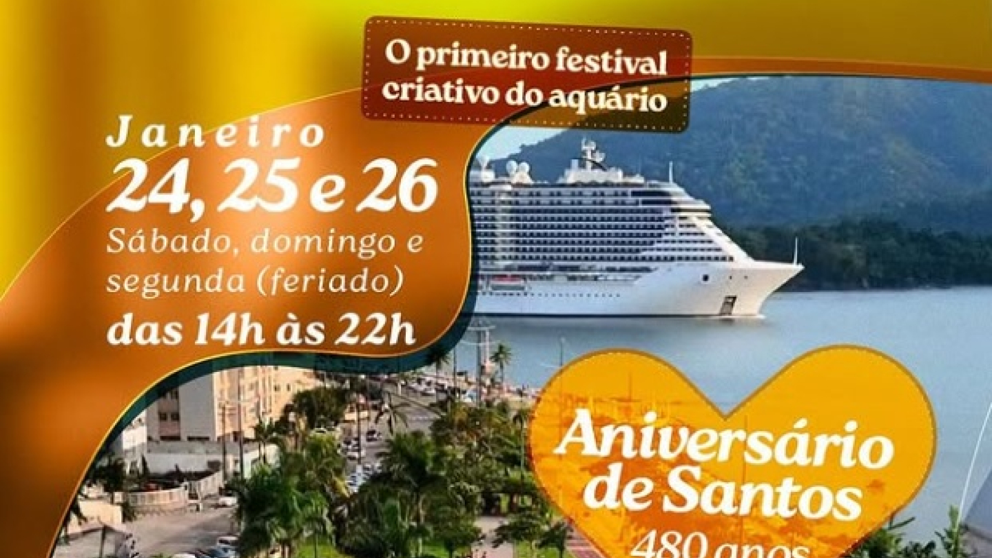 Cartaz promocional do festival criativo "Villarejo Art" em comemoração aos 480 anos de Santos, apresentando a programação para os dias 24, 25 e 26 de janeiro na Praça do Aquário