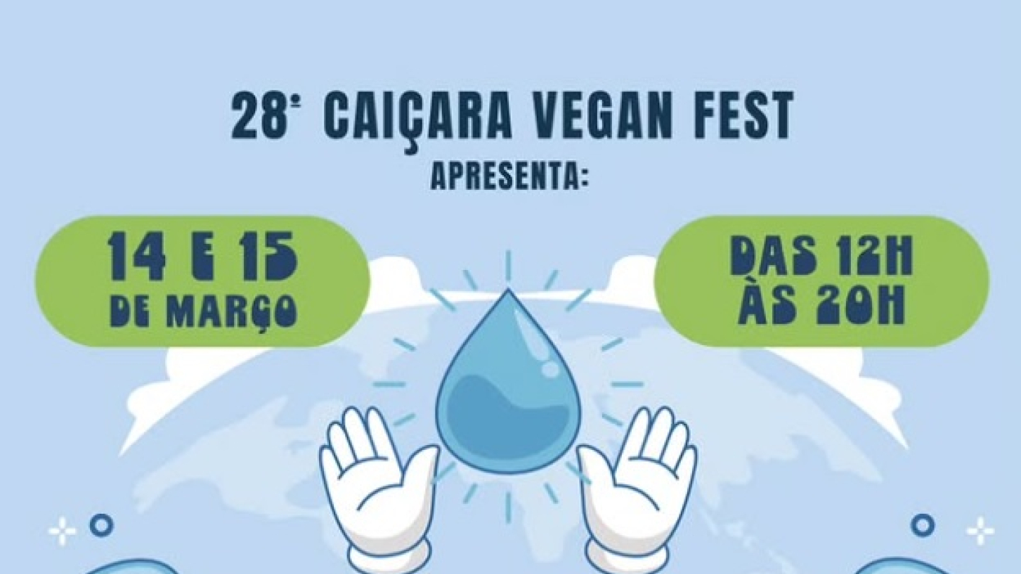 Cartaz ilustrativo do 28º Caiçara Vegan Fest, com o tema "Planeta Água", destacando a data de 14 e 15 de março em Santos