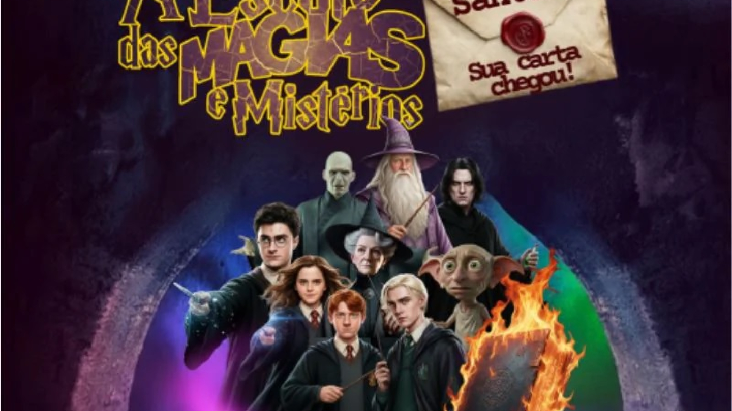 O cartaz do espetáculo "A Escola das Magias e Mistérios" apresenta personagens icônicos do universo de Harry Potter e informações sobre uma apresentação no Teatro Guarany