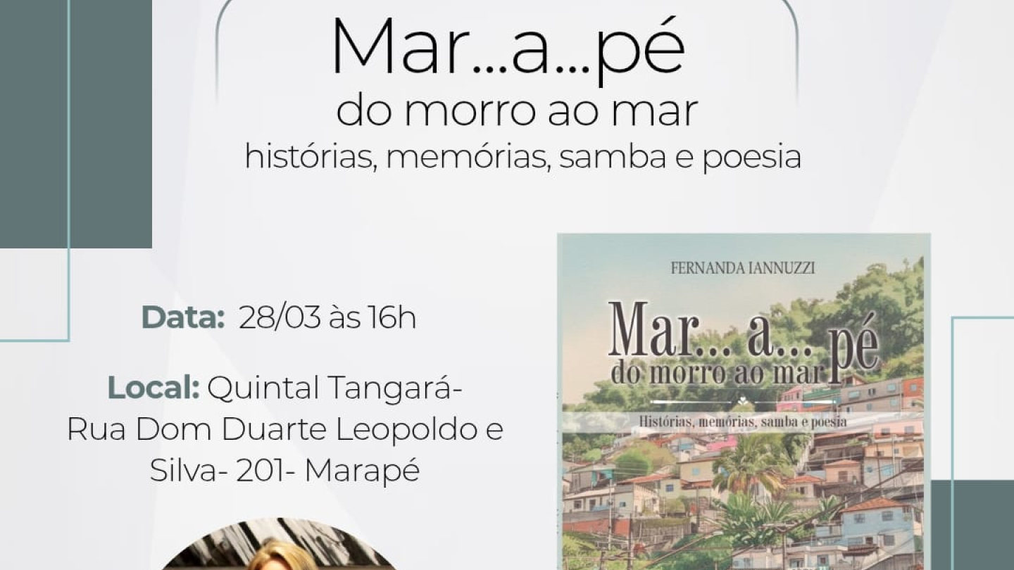 Convite para o lançamento do livro "Mar...a...pé", de Fernanda Iannuzzi, que acontecerá no dia 28/03, às 16h, no Quintal Tangará em Santos