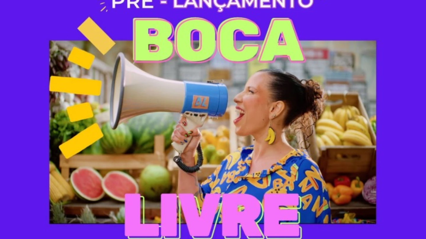 Cartaz vibrante do pré-lançamento da série documental "Boca Livre", destacando uma mulher com um megafone em uma feira e informações sobre a exibição no MISS, em Santos