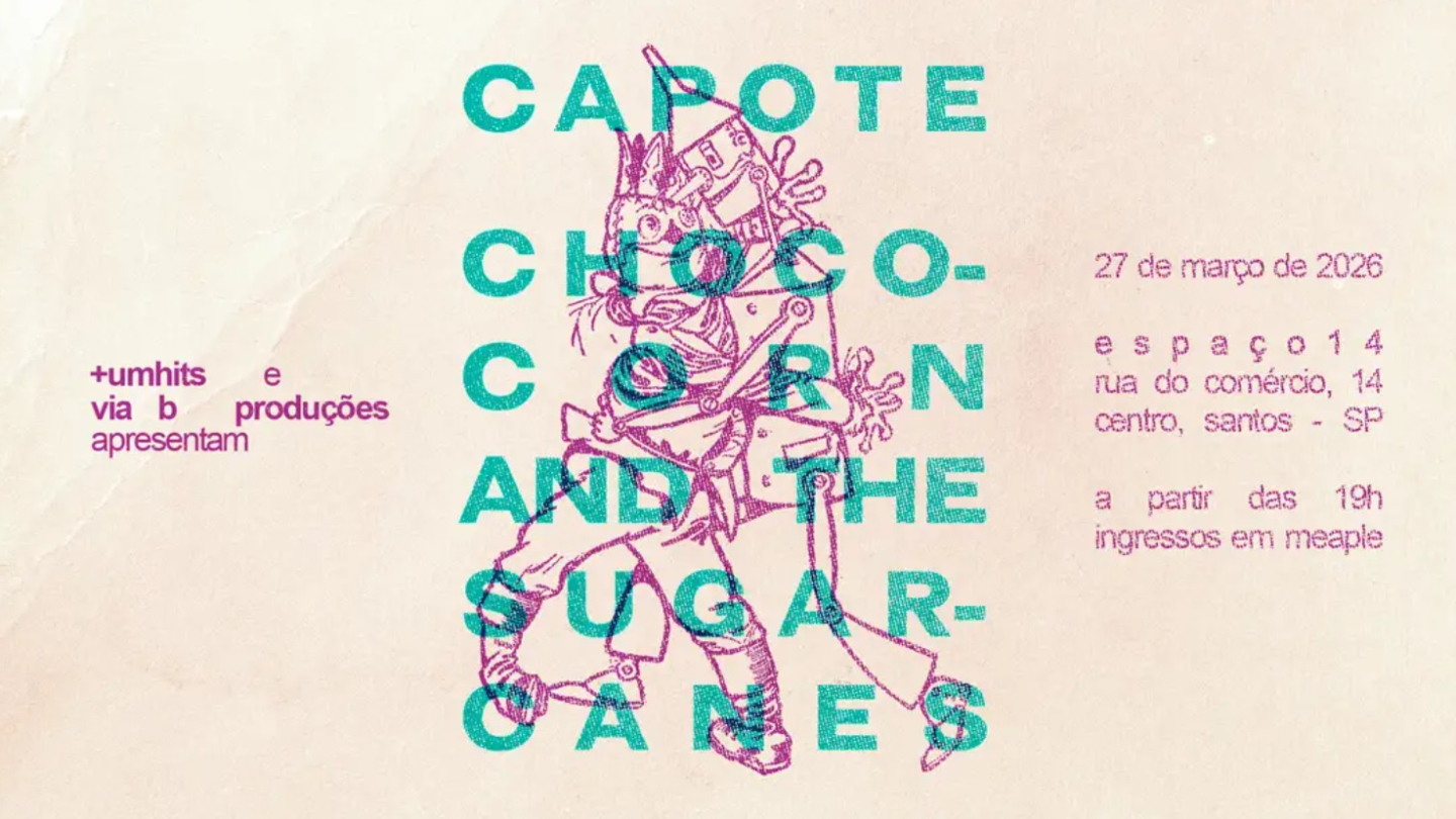 Cartaz de divulgação do show da banda "Capote Chococorn and the Sugar-Canes", agendado para o dia 27 de março de 2026, às 19h, no Espaço 14, em Santos