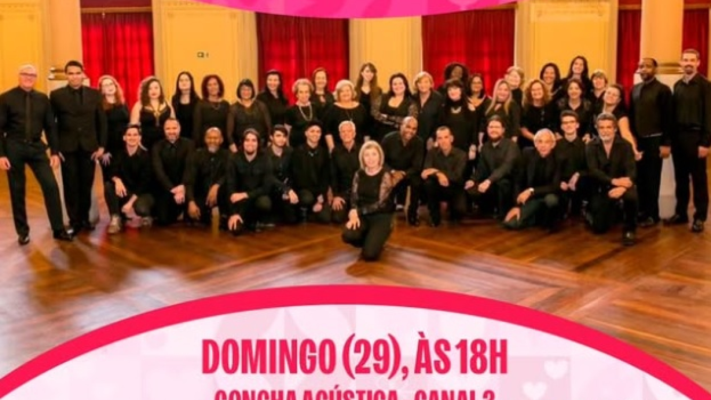 Um cartaz com fundo rosa anuncia uma apresentação gratuita do Coral Municipal de Santos na Concha Acústica para o dia 29 de março, em celebração ao Mês da Mulher