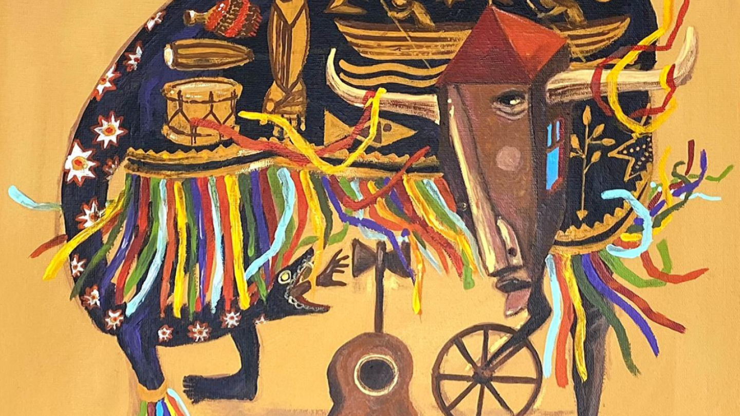Capa de álbum artística e colorida intitulada "Cortejo", de Fizeram a Elza, Abecca e Mano Jotta, apresentando a figura estilizada de um boi místico repleto de simbolismos culturais e folclóricos brasileiros