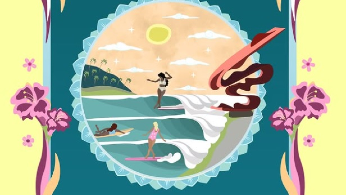 Cartaz ilustrado com temática tropical e cores vibrantes anunciando o "Festival Sul-Americano de Longboard Feminino", que ocorrerá no Quebra-Mar em Santos entre os dias 20 e 22 de março