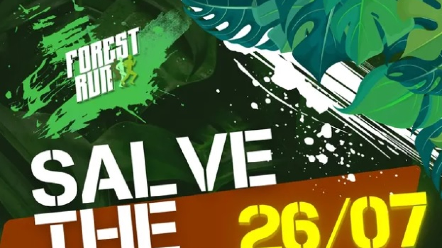 Cartaz promocional da corrida "Forest Run" apresenta o convite "Salve the Date" para o dia 26 de julho no Jardim Botânico, com elementos visuais de folhagens e silhuetas de pessoas correndo