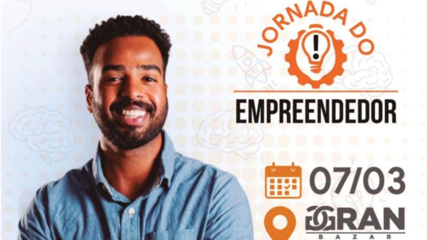Cartaz publicitário do evento "Jornada do Empreendedor", apresentando um homem sorridente ao lado de informações sobre data e local no Santos Convention Center