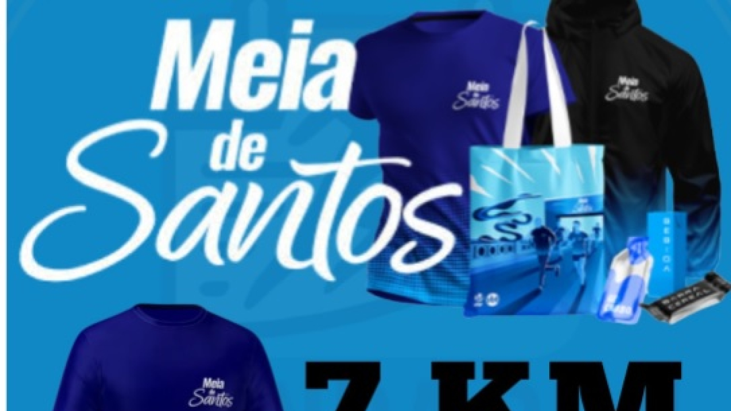 Cartaz promocional da corrida Meia de Santos, destacando as modalidades de 7 KM e 21 KM junto à exibição do kit oficial composto por camiseta azul, sacola personalizada e agasalho