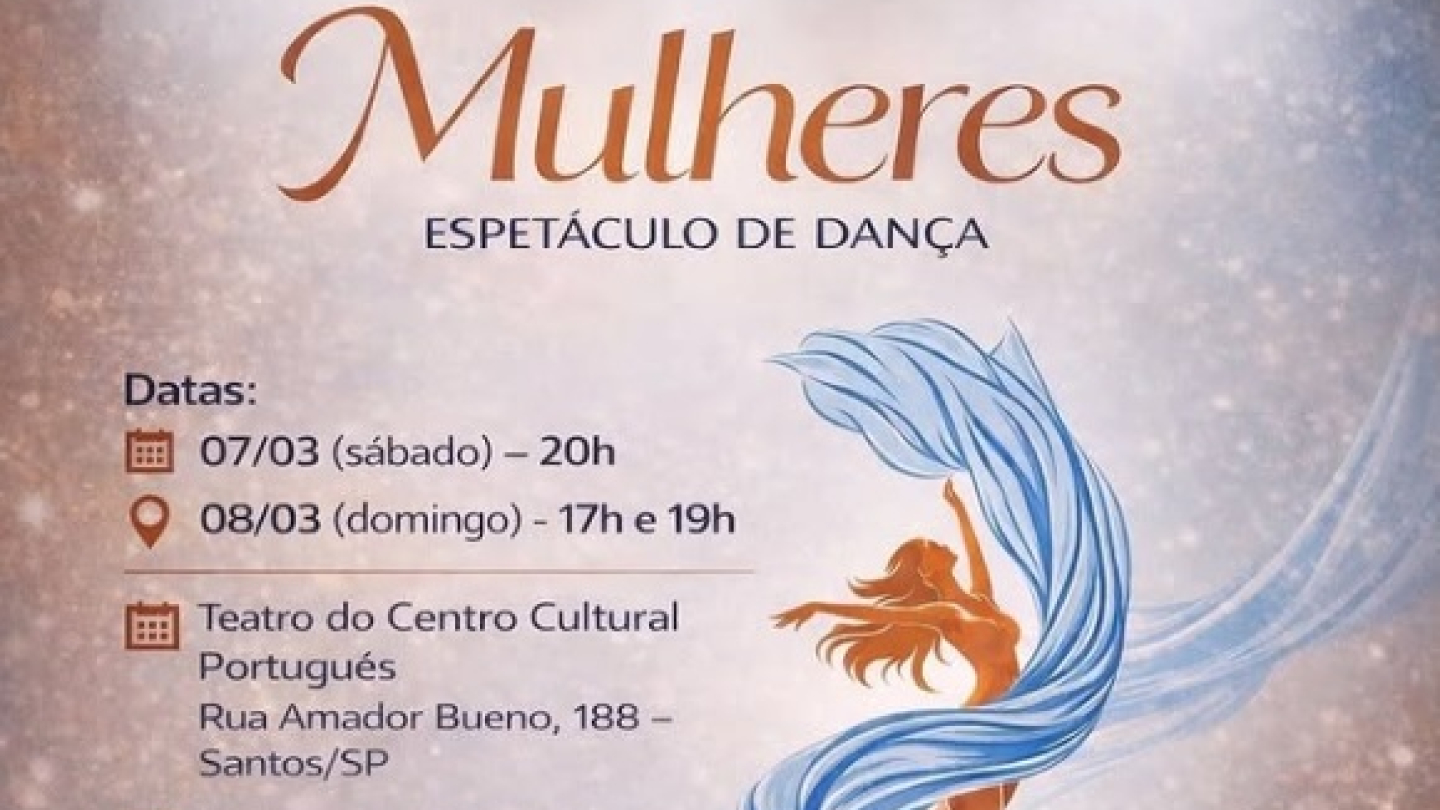 Cartaz de um espetáculo de dança intitulado "Mulheres", apresentando a silhueta de uma dançarina envolta em tecidos azuis fluidos sob holofotes, com informações sobre datas e local em Santos