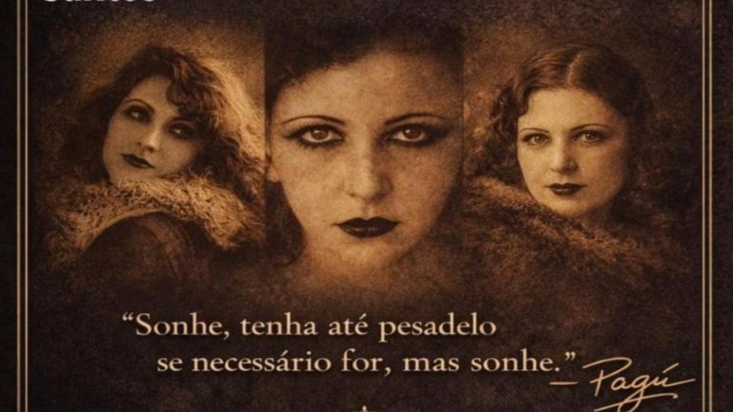 Cartaz da Prefeitura de Santos convidando para a entrega do novo túmulo de Pagu no dia 08/03/2026, destacando fotos da artista e sua célebre frase sobre a importância de sonhar