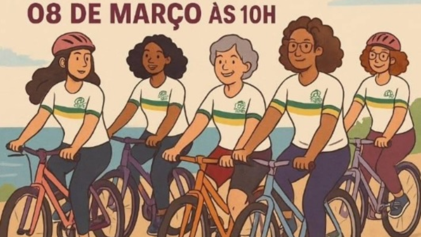 Cartaz ilustrado do "Passeio Ciclístico do Dia Internacional das Mulheres", apresentando cinco mulheres de diferentes perfis pedalando juntas em homenagem à professora Nilza Pirilo Teixeira