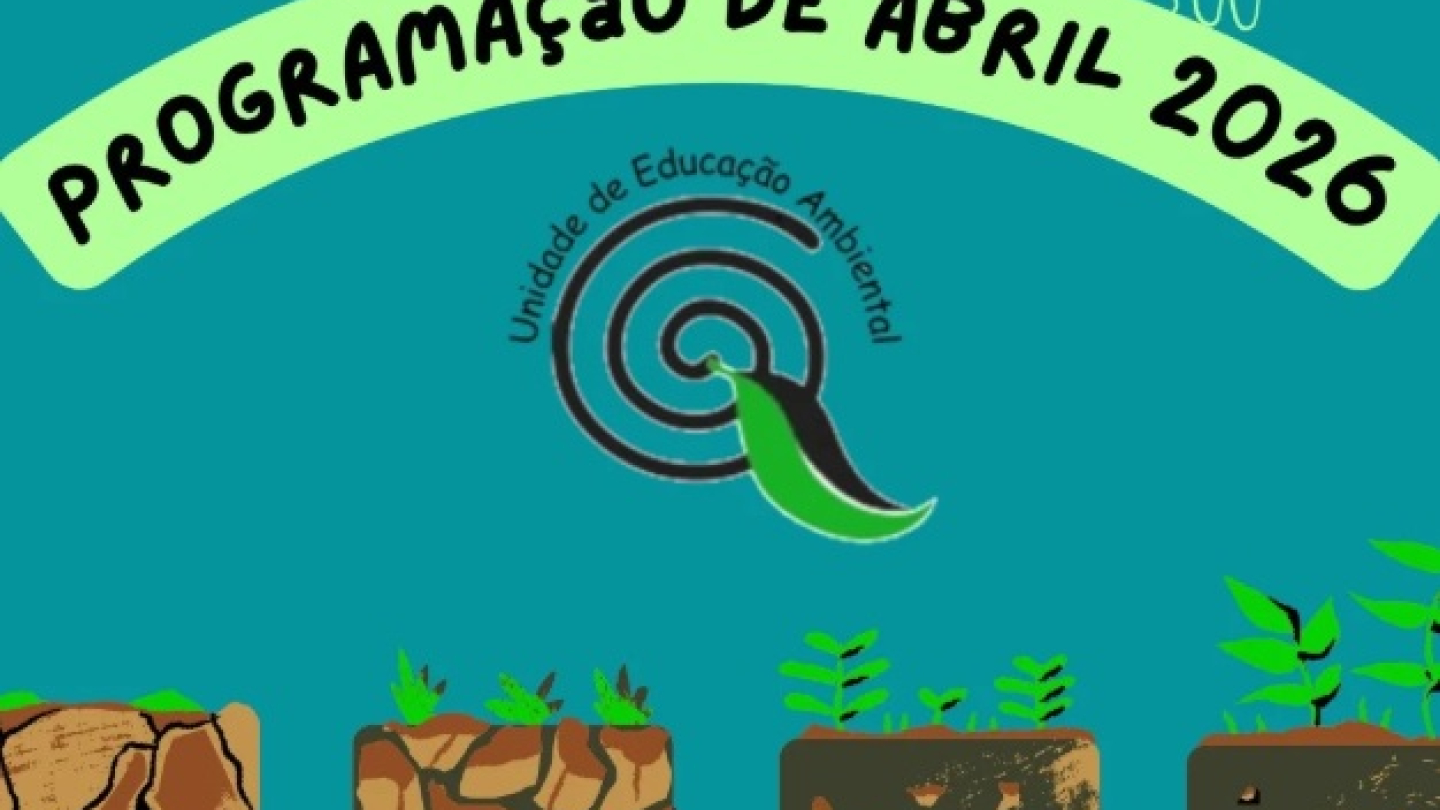 Cartaz digital com fundo azul-petróleo anunciando a "Programação de Abril 2026" do Orquidário de Santos, ilustrado com diferentes camadas de solo e plantas em crescimento