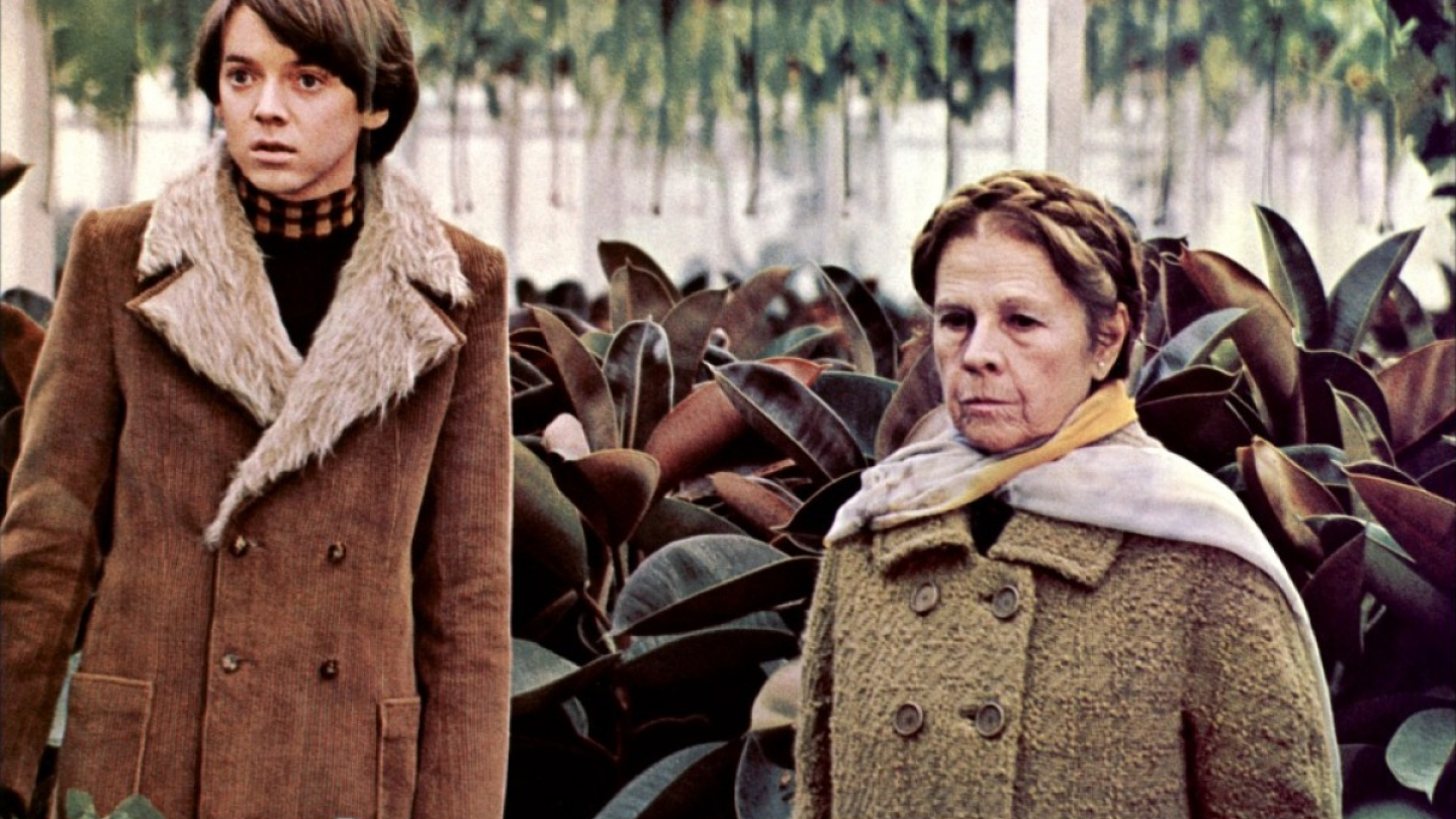 Bud Cort e Ruth Gordon em uma cena do filme "Ensina-me a Viver", usando casacos de inverno enquanto caminham entre plantas em uma estufa