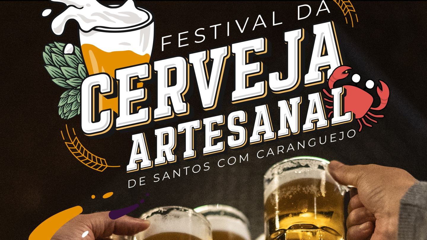 Cartaz promocional do Festival da Cerveja Artesanal de Santos com Caranguejo, destacando a data de 25 e 26 de abril na Estação do Valongo com uma imagem de brinde entre canecas de creveja