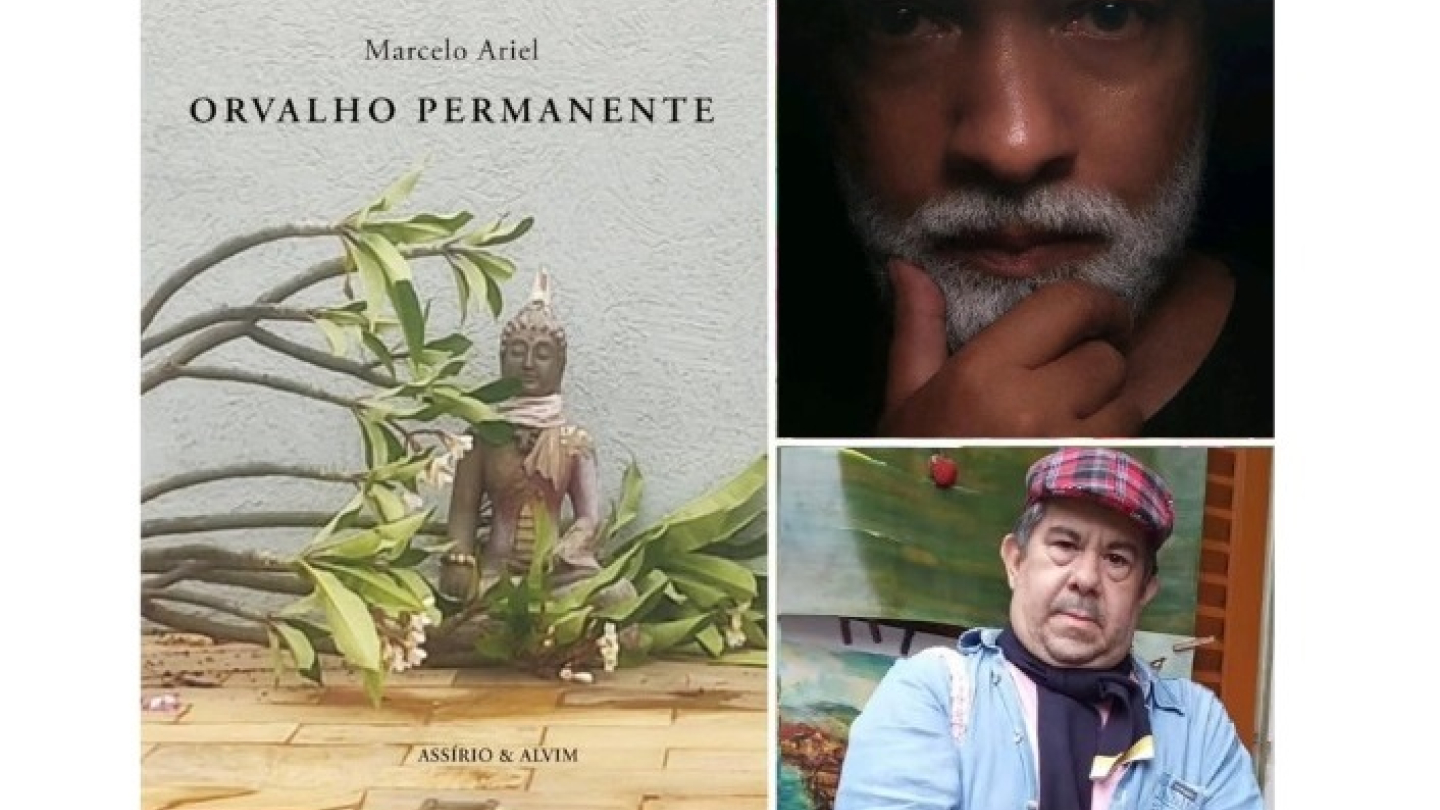 Cartaz divulga roda de conversa com Marcelo Ariel e lançamento do livro Orvalho Permanente na Casa das Culturas de Santos, com mediação de Flávio Viegas Amoreira