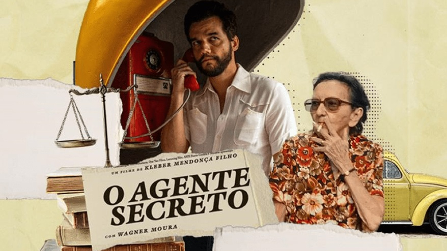 Pôster promocional do filme "O Agente Secreto", destacando o ator Wagner Moura ao telefone e uma senhora fumando, em uma composição de colagem com elementos retrô e tons amarelados