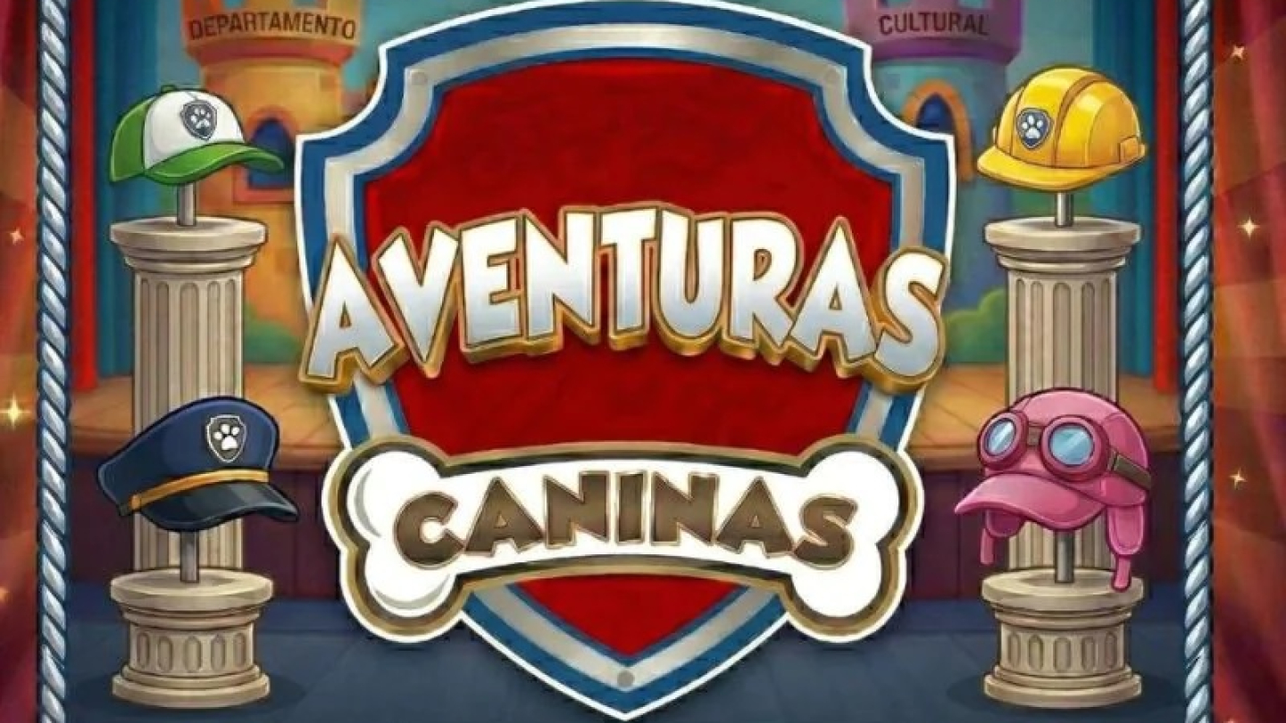 Cartaz promocional da peça infantil "Aventuras Caninas" no Teatro Centro Cultural Português, com elementos visuais que remetem a personagens caninos