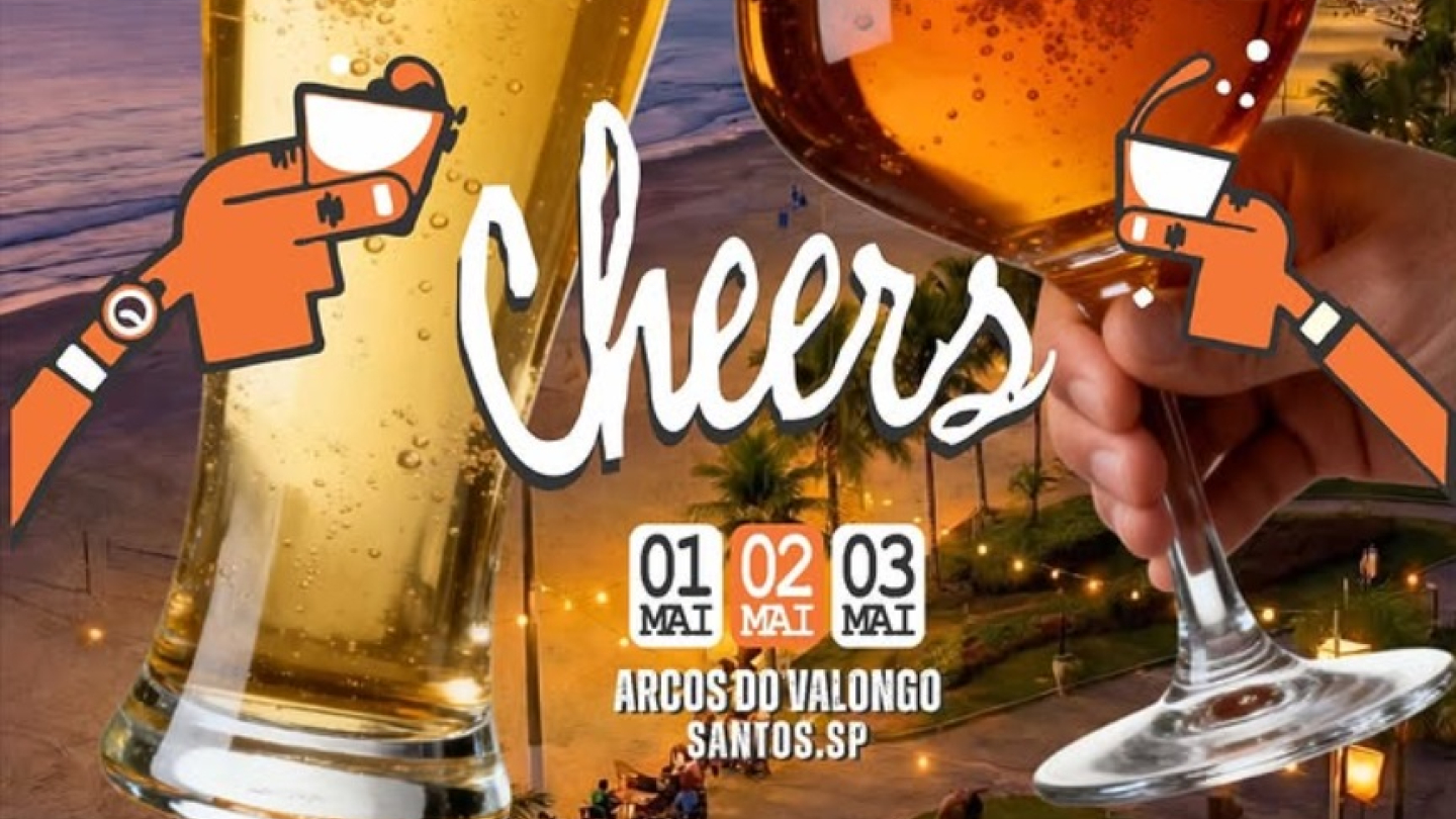 Anúncio de um evento com brinde de cervejas artesanais nos Arcos do Valongo, em Santos, ocorrendo nos dias 01, 02 e 03 de maio