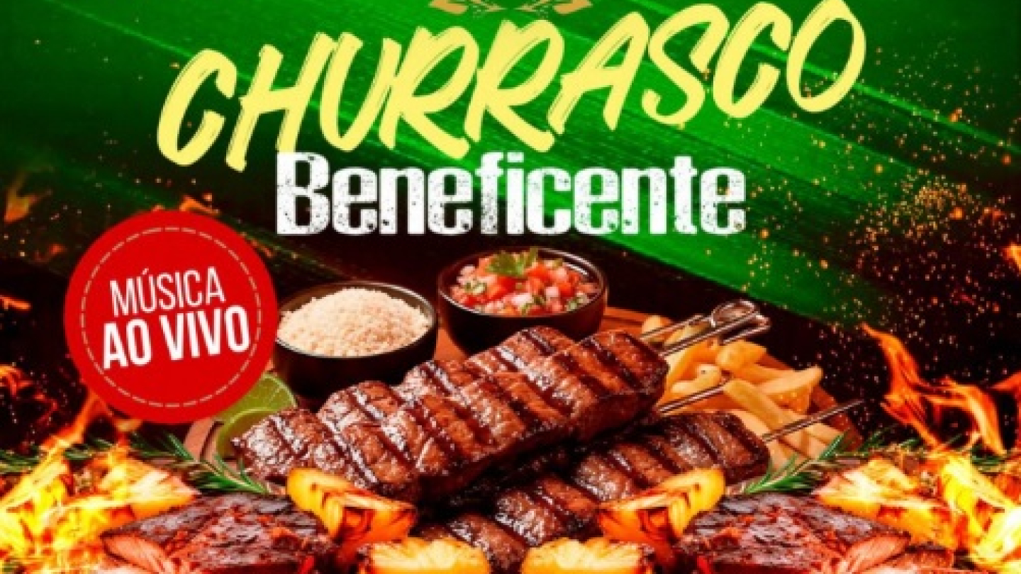 Cartaz promocional de um churrasco beneficente na Escola Portuguesa, em Santos, apresentando imagens de carnes grelhadas sobre chamas