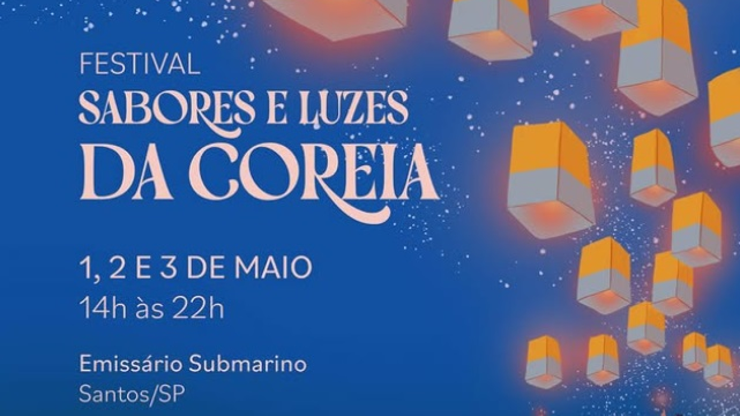 Cartaz ilustrado do Festival Sabores e Luzes da Coreia, que acontece de 1 a 3 de maio no Emissário Submarino em Santos, exibindo crianças admirando lanternas flutuantes e pratos típicos coreanos