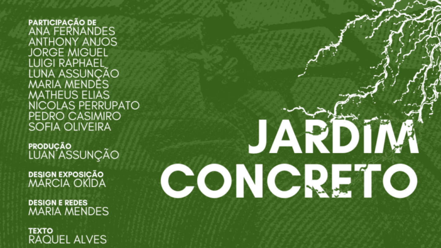 Cartaz informativo sobre a exposição multilinguagem "Jardim Concreto", que reúne fotografia, música e aquarela na Casa Azul Jardinagem, em Santos
