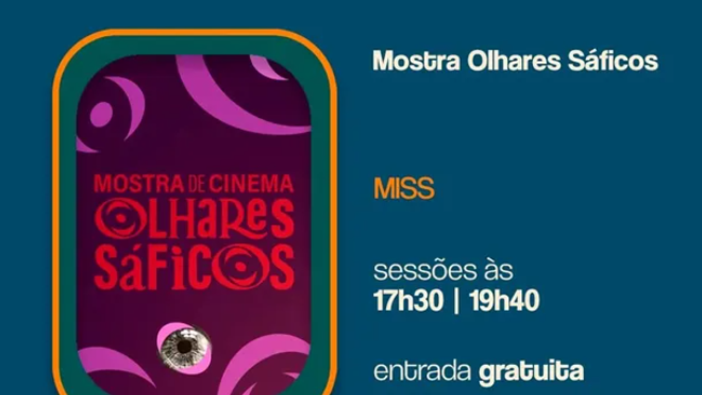 Cartaz de divulgação da "Mostra Olhares Sáficos" no museu MISS em Santos, informando sessões gratuitas no dia 18 de abril