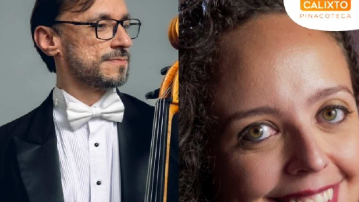 O cartaz anuncia um recital de piano e cello com o Duo Simões-Mesquita, que ocorrerá no sábado, 04 de abril, às 17h30, no Salão Nobre da Pinacoteca Benedicto Calixto