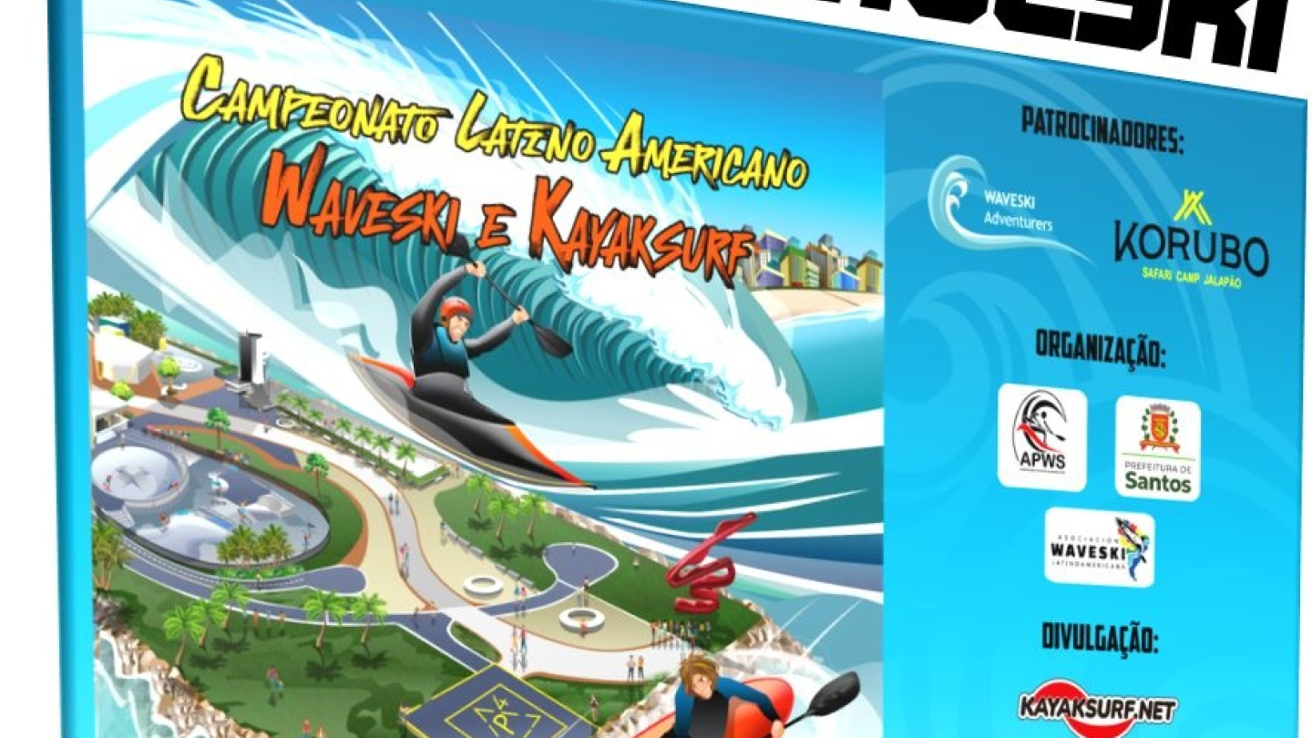 Cartaz ilustrativo anunciando o Campeonato Latino-Americano de Waveski e Kayaksurf em Santos, destacando atletas em ondas gigantes e logotipos de patrocinadores