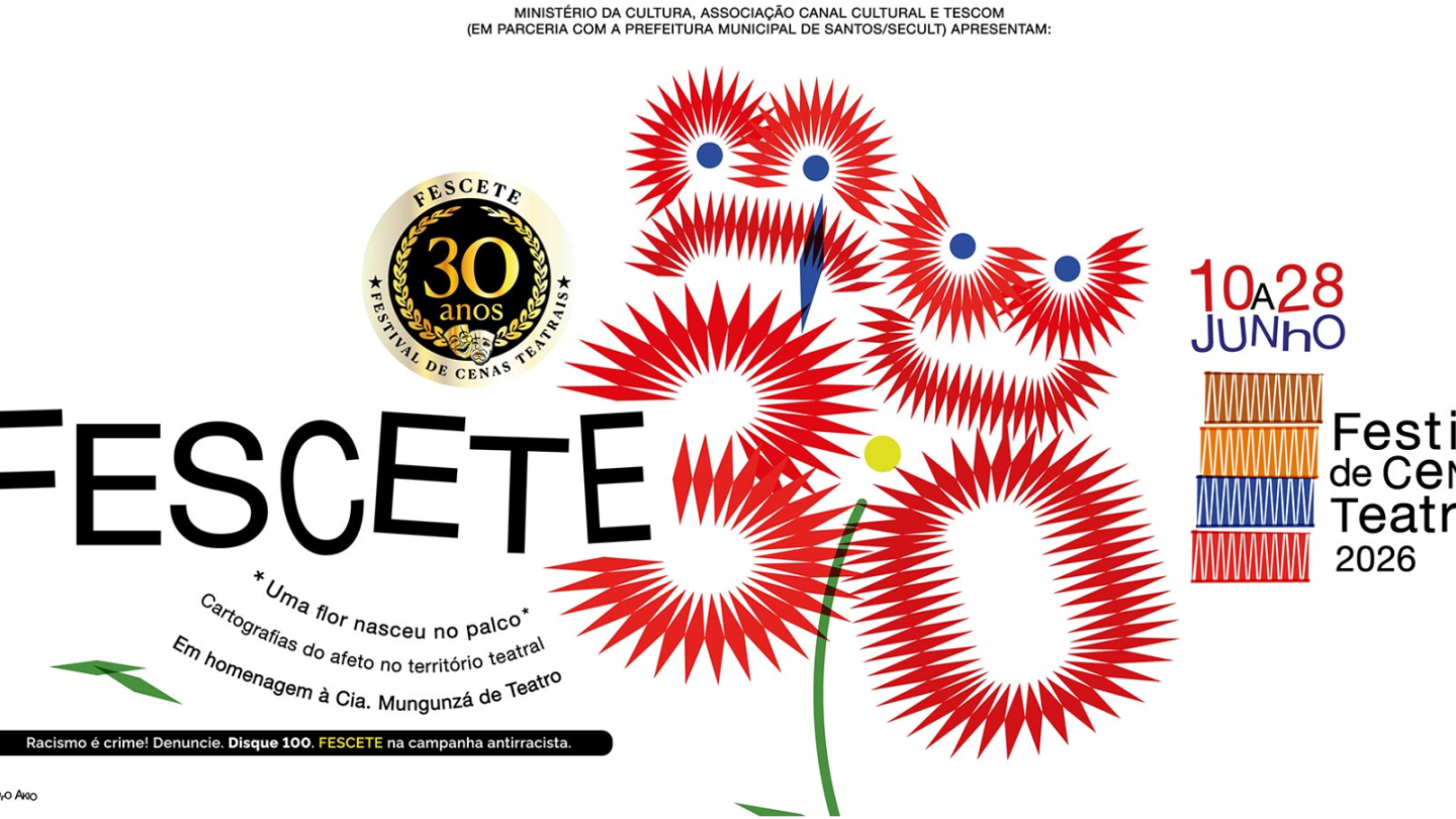 Cartaz institucional com fundo branco anuncia a 30ª edição do FESCETE – Festival de Cenas Teatrais, que acontece de 10 a 28 de junho de 2026, ilustrado por figuras geométricas vermelhas em formato de flores estilizadas