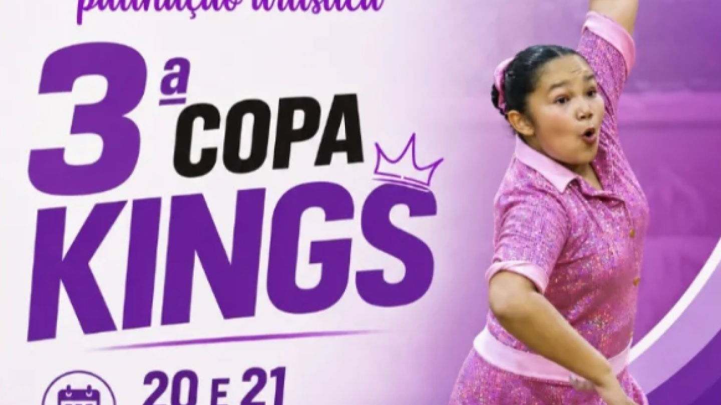 Cartaz publicitário em tons de roxo anuncia a "3ª Copa Kings" de patinação artística para os dias 20 e 21 de junho no Ginásio Rebouças, destacando uma patinadora com vestido rosa em plena performance