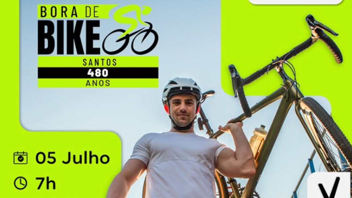 Cartaz com detalhes em verde-limão anunciando o evento de ciclismo "Bora de Bike Santos 480 Anos", ilustrado por um homem de capacete carregando uma bicicleta nos ombros