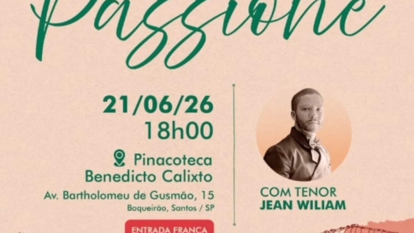 Cartaz do espetáculo musical "Passione", promovido pelo Instituto Voccalia, com apresentação do tenor Jean Wiliam na Pinacoteca Benedicto Calixto, em Santos. O evento acontece no dia 21 de junho de 2026, às 18h, com entrada franca.