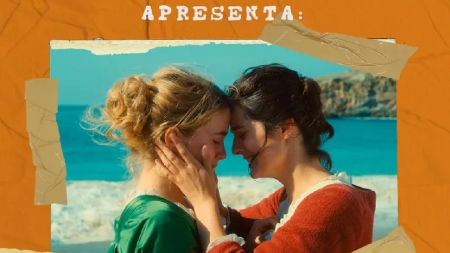 Cartaz do Moviola Cineclube divulgando a exibição do filme "Retrato de uma Jovem em Chamas" (2019), no Museu da Imagem e do Som de Santos (MISS). A sessão acontece no dia 27 de junho, às 19h30.