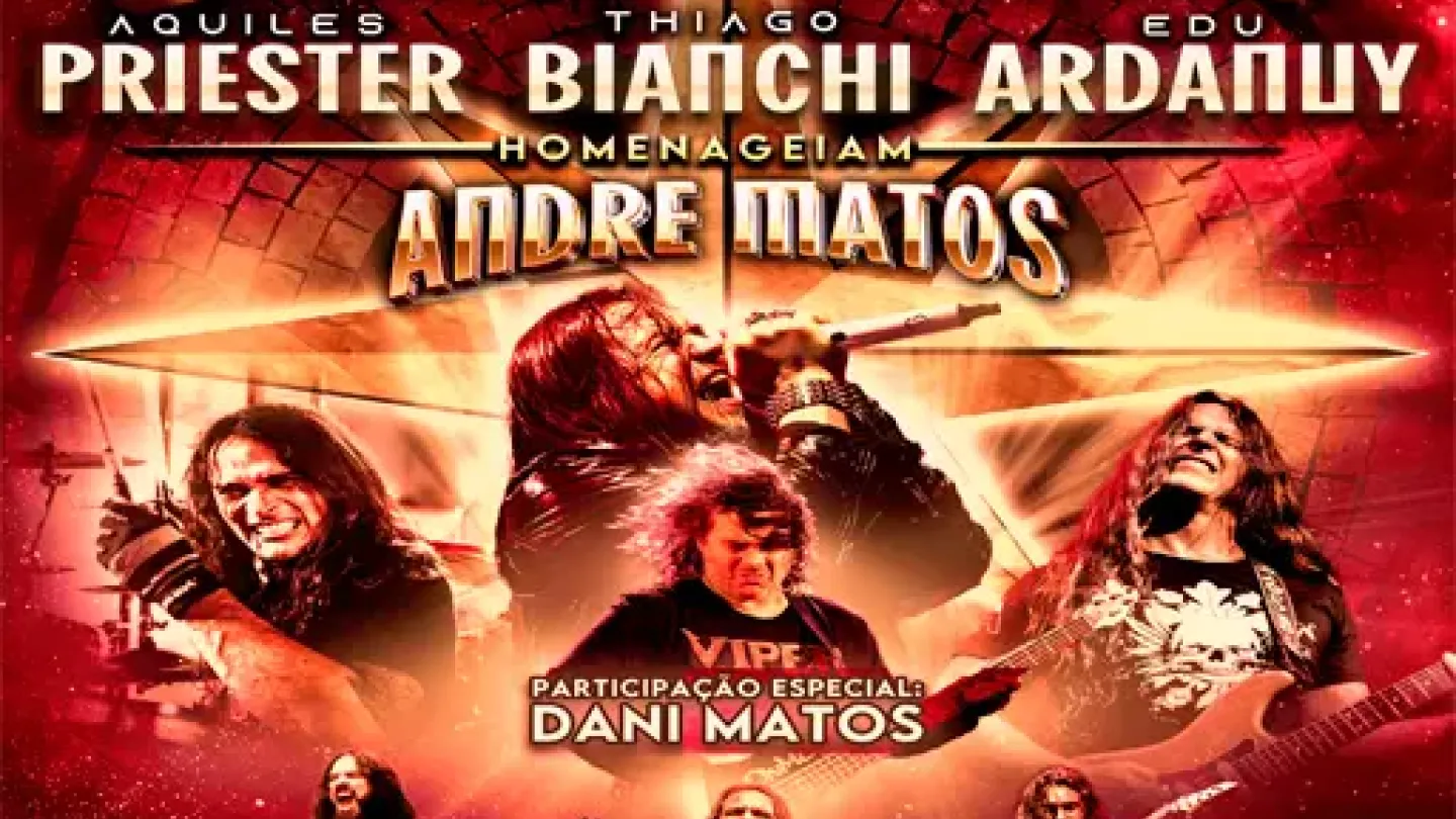 Cartaz do espetáculo "All Metal Stars", tributo a André Matos. A composição reúne diversos músicos do cenário do heavy metal brasileiro em um fundo vermelho com efeitos de luz e atmosfera épica. Ao centro, André Matos aparece em destaque cantando ao microfone, cercado por imagens de Aquiles Priester, Thiago Bianchi, Edu Ardanuy e outros convidados. O cartaz anuncia a apresentação em Santos, no Arena Club, destacando a homenagem ao legado do cantor.