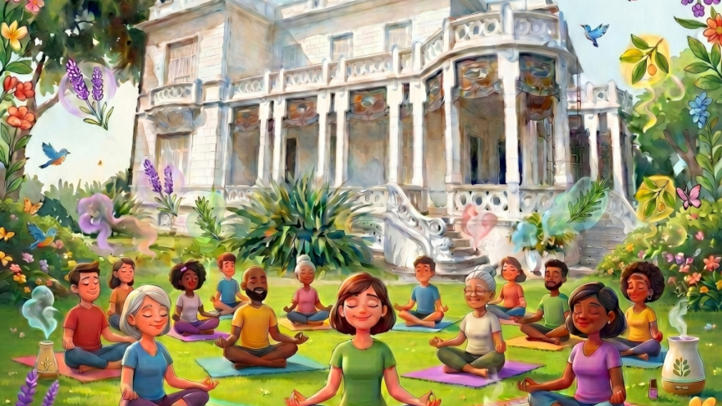 Cartaz do evento "Aromaterapia & Mindfulness". A arte mostra um grupo de pessoas praticando meditação ao ar livre em um jardim florido, diante de um casarão histórico. Os participantes aparecem sentados em tapetes coloridos, com os olhos fechados e em posição de meditação. O cenário é cercado por flores, plantas, pássaros e difusores aromáticos, criando uma atmosfera de tranquilidade e bem-estar. O evento acontece no dia 7 de junho, às 10h.