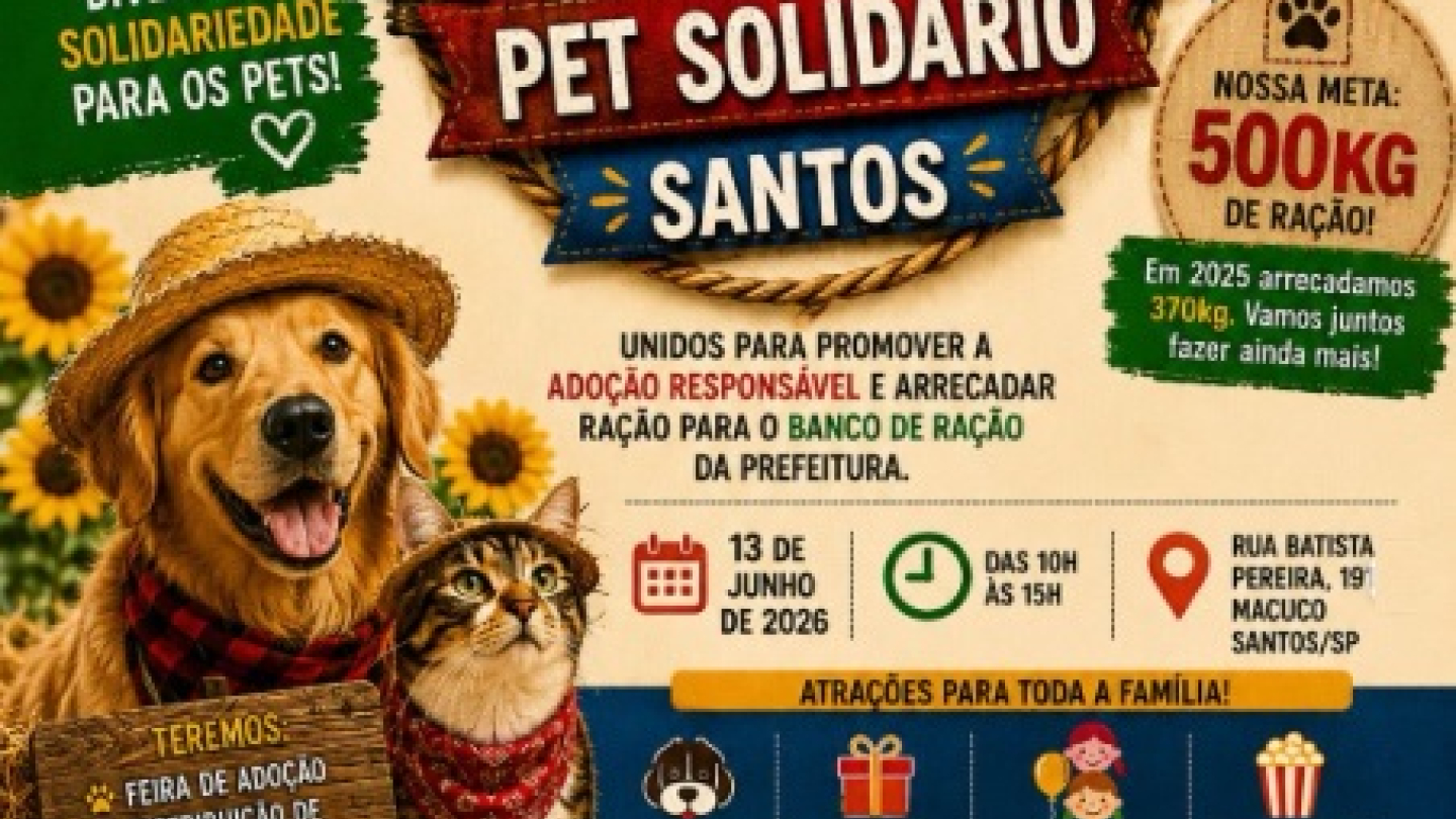 cartaz colorido de festa junina beneficente para animais destaca um cão e um gato com chapéus de palha ao lado de informações sobre adoção responsável e arrecadação de ração em Santos