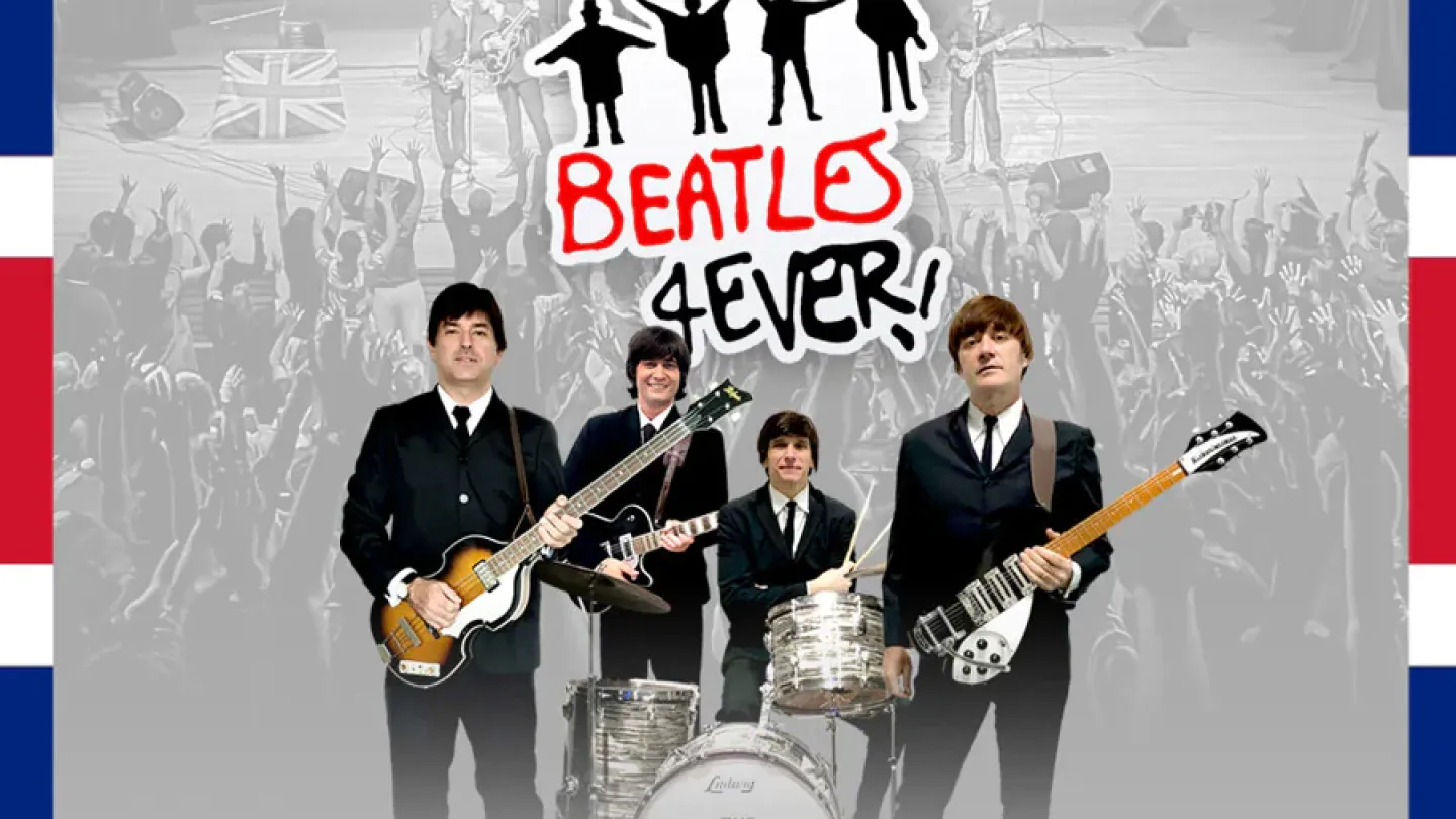 Cartaz do espetáculo Beatles 4Ever. A imagem apresenta quatro músicos caracterizados como os integrantes dos Beatles, usando ternos escuros e cortes de cabelo inspirados na fase clássica da banda. Ao fundo aparece uma multidão em um show e uma fotografia de palco em tons de cinza. A composição é emoldurada pela bandeira do Reino Unido, reforçando a origem britânica do grupo homenageado.