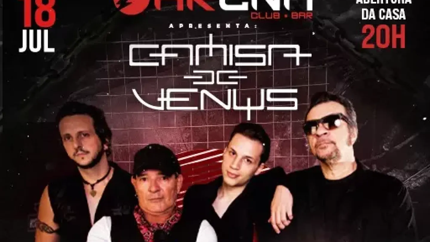 Cartaz da banda Camisa de Vênus. Os integrantes aparecem reunidos em pose para divulgação do show, diante de um fundo escuro com iluminação em tons de vermelho. O nome da banda ocupa o centro da composição, enquanto o cartaz destaca a turnê de 40 anos dos discos "Viva!" e "Correndo o Risco". A apresentação está marcada para 18 de julho no Arena Club, em Santos.