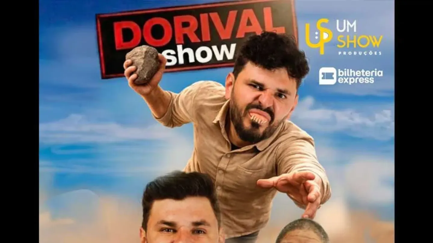 Peça promocional do "Dorival Show". Três comediantes aparecem em primeiro plano com expressões caricatas e poses que sugerem confusão e aventura. O cenário ao fundo lembra uma região desértica, reforçando o tom absurdo da composição. O nome do espetáculo aparece em destaque na parte superior, enquanto a data, o horário e os nomes de Netto Tomaz e Jansen Serra são exibidos na parte inferior do cartaz.